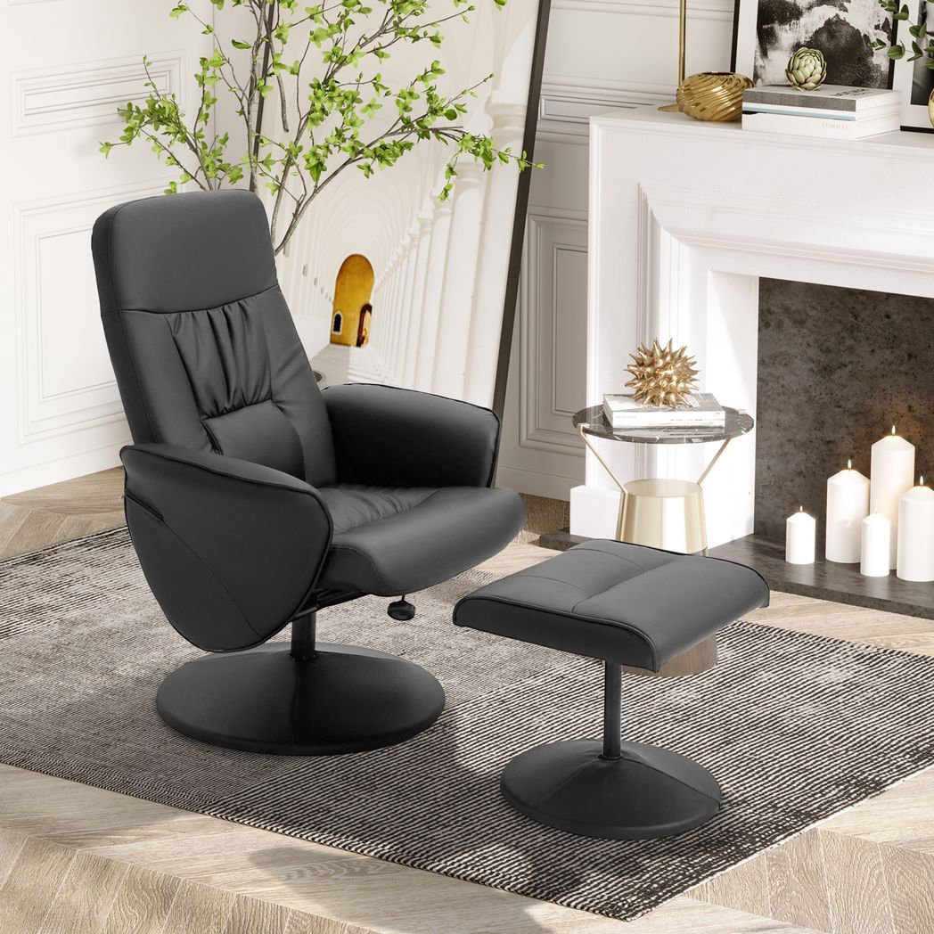 Mafett 2 Pcs Reclining Armchair Ottoman 360 Swivel Home Furniture PU Leather Black