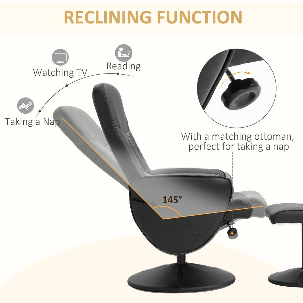 Mafett 2 Pcs Reclining Armchair Ottoman 360 Swivel Home Furniture PU Leather Black