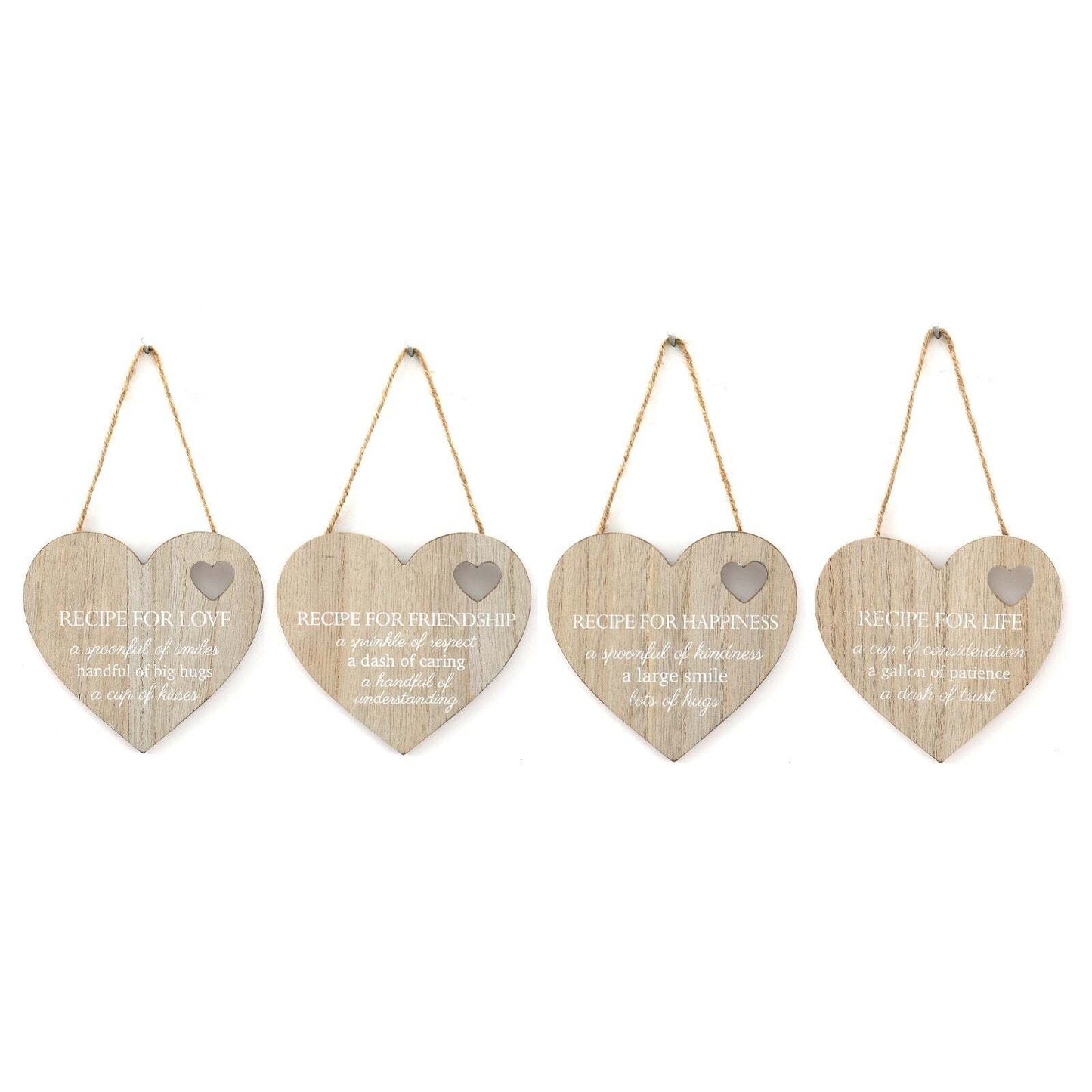 Set of 4 Wood Hanging White Etched Life Recipe Heart Plaque by Mafett