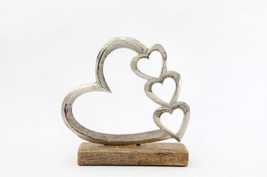 Metal Silver Four Heart Ornament on a Wooden Base, Medium-sized - Perfect for Infusing Your Space with Love and Sophisticated Style, Elevating Every Corner of Your Living Space with Grace and Charm