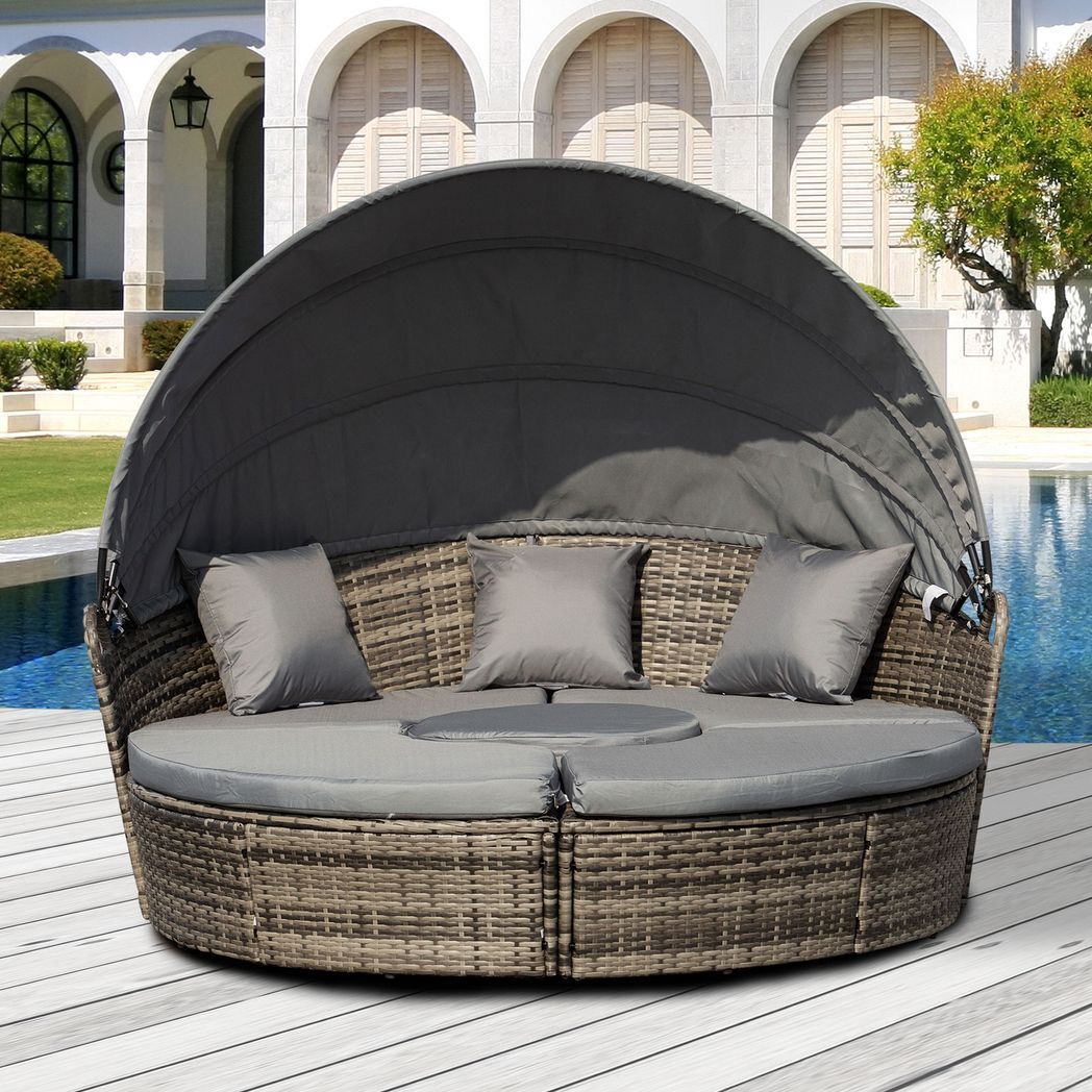 Sibel Outsunny 5 PCs Cushioned Outdoor Plastic Rattan Round Sofa Bed Table Set Grey