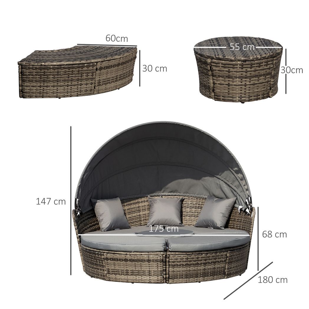 Sibel Outsunny 5 PCs Cushioned Outdoor Plastic Rattan Round Sofa Bed Table Set Grey