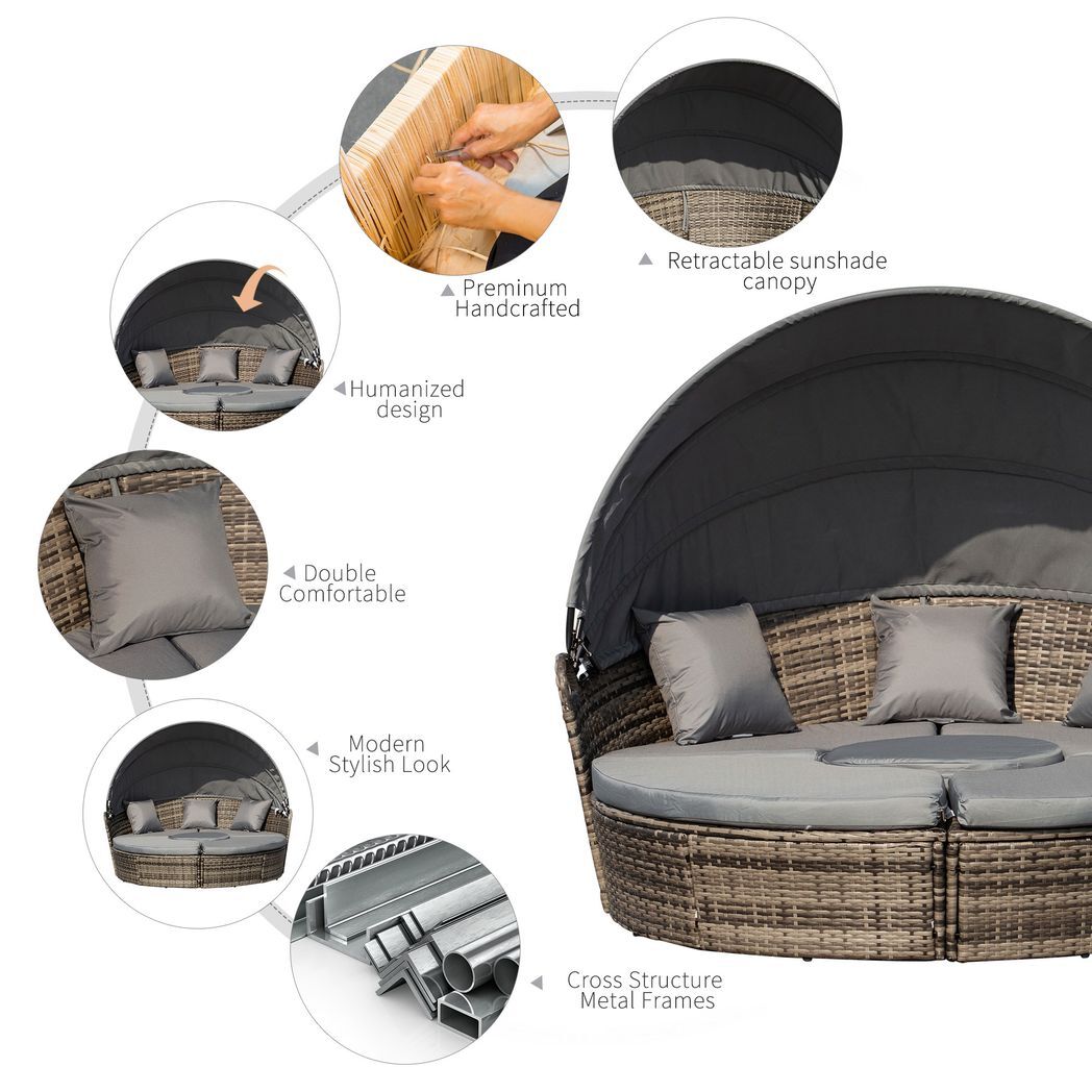 Sibel Outsunny 5 PCs Cushioned Outdoor Plastic Rattan Round Sofa Bed Table Set Grey