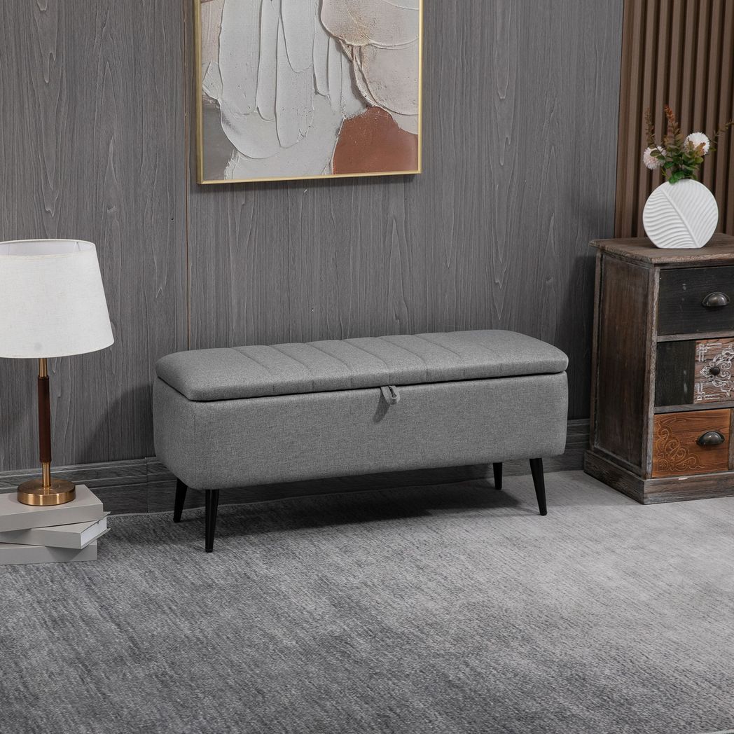 Mafett Storage Ottoman Bench, Linen Fabric Footstool with Steel Legs Grey