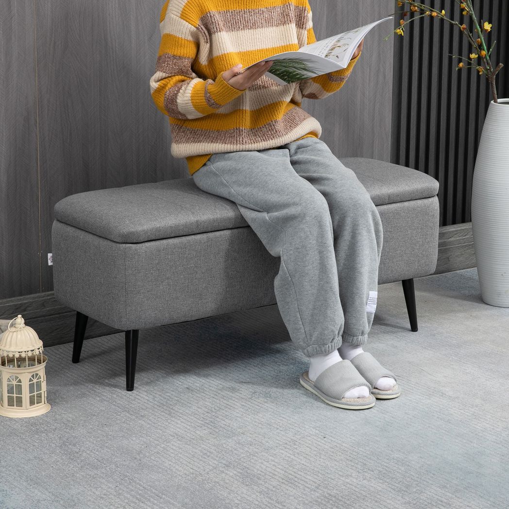 Mafett Storage Ottoman Bench, Linen Fabric Footstool with Steel Legs Grey