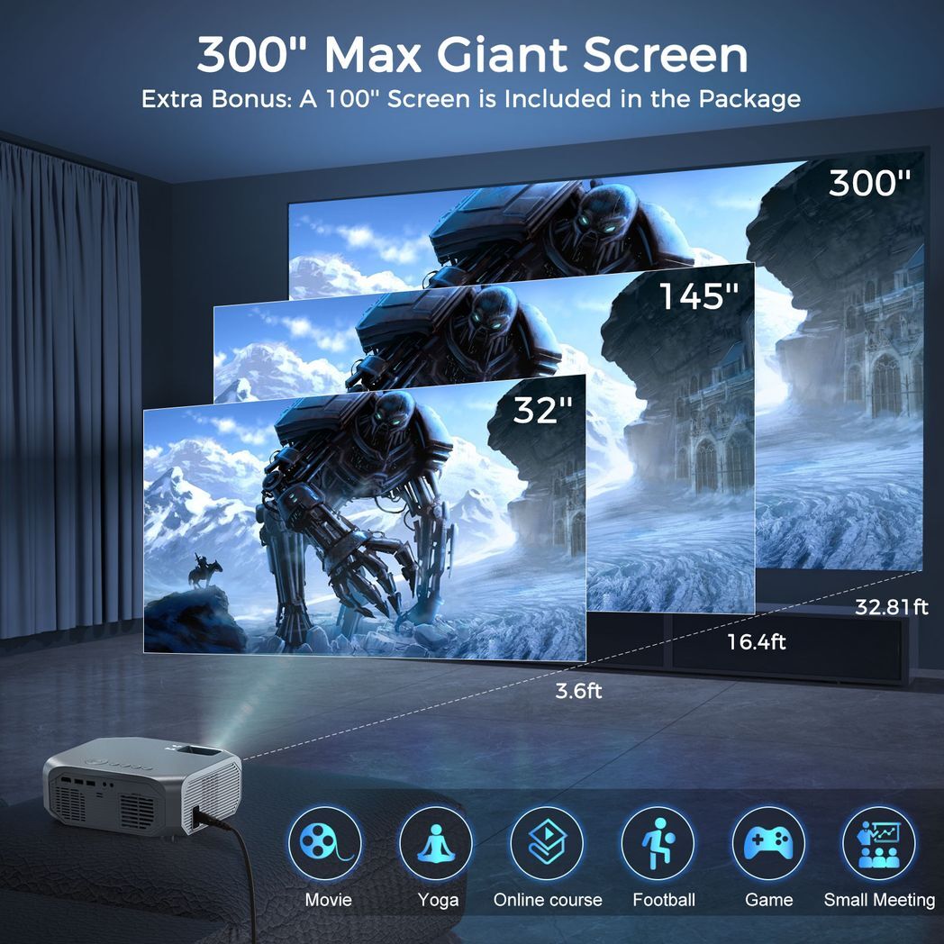 Projector with 5G WiFi and Bluetooth, 10000L Native 1080P Portable Outdoor Video Projector 4K Supported, Home Theater Movie Projector with Screen for Phone/PC/TV Stick/PS5