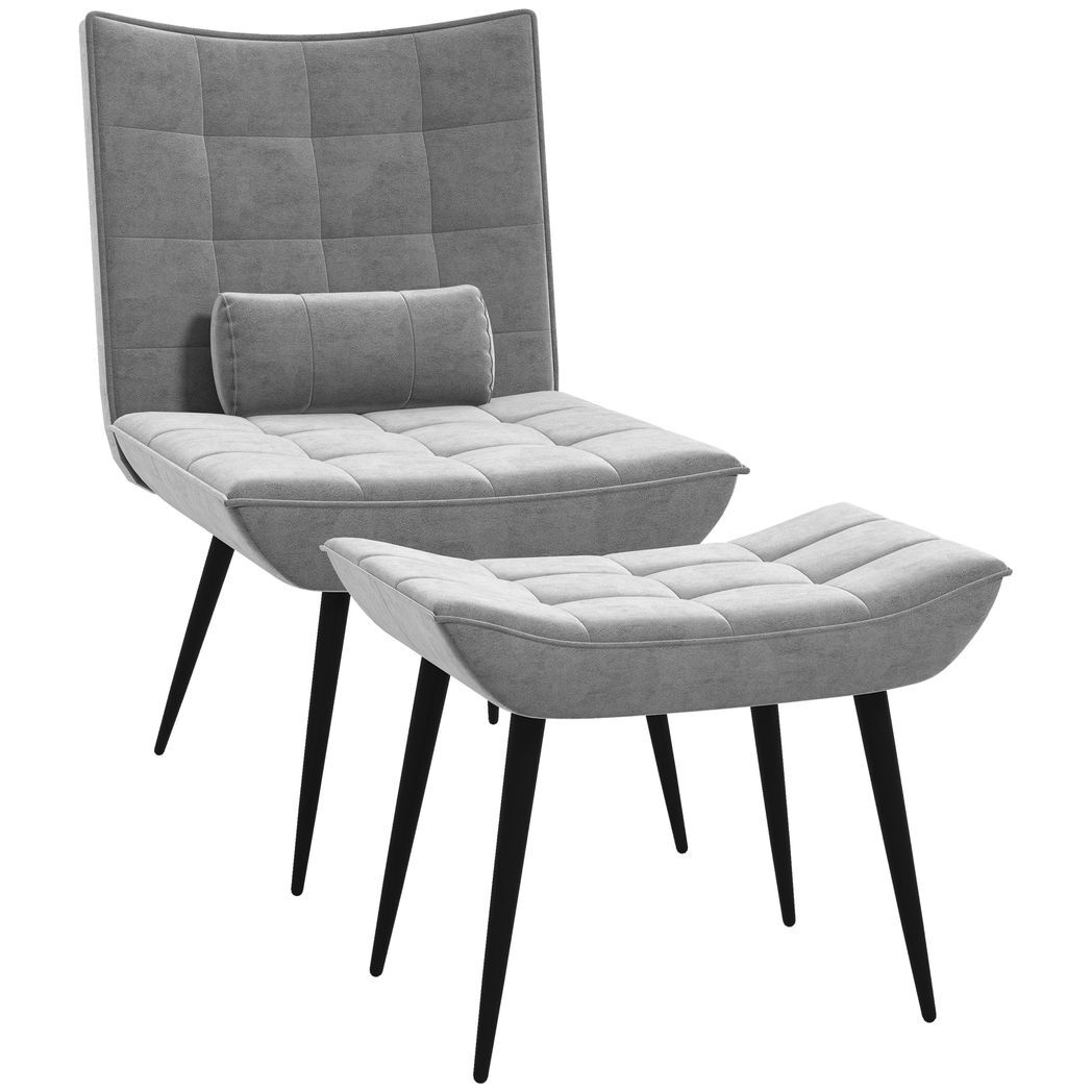 Mafett Armless Accent Chair with Footstool Set with Pillow and Steel Legs Grey