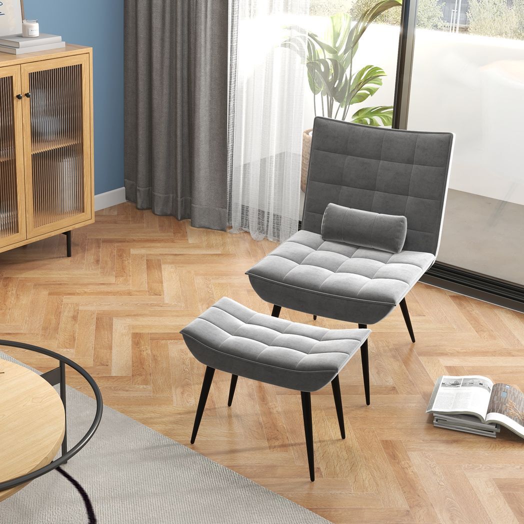 Mafett Armless Accent Chair with Footstool Set with Pillow and Steel Legs Grey