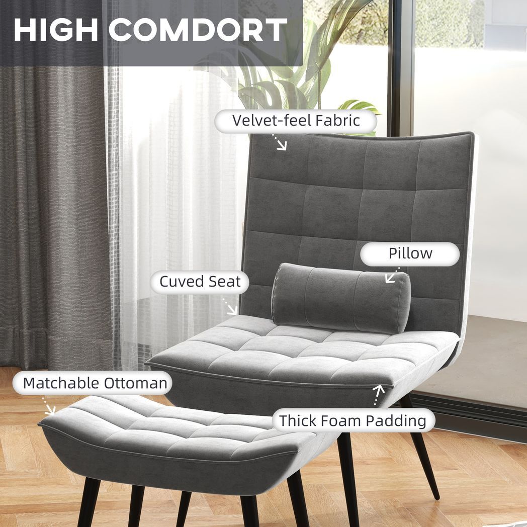 Mafett Armless Accent Chair with Footstool Set with Pillow and Steel Legs Grey
