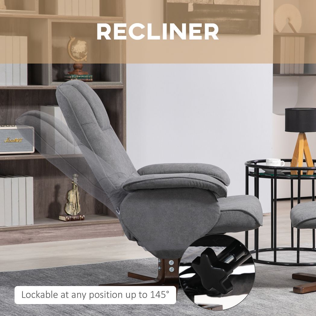 Mafett Swivel Recliner Chair and Footstool Linen-touch Fabric Wooden Base, Grey