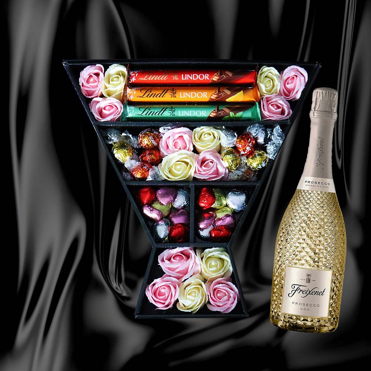 Mafett Assorted Lindt Lindor Signature Chocolate Bouquet With Pink & Ivory Roses and Prosecco
