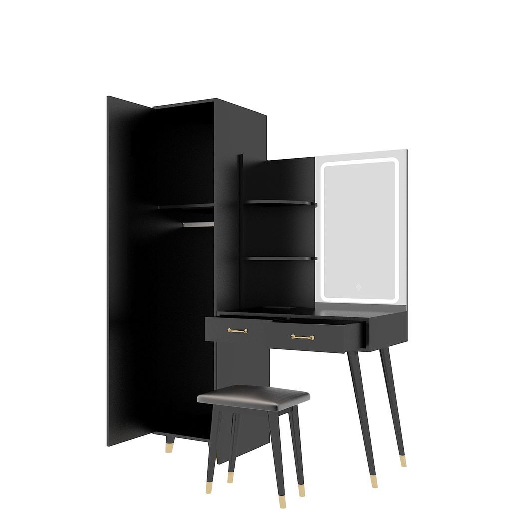 Larisa Makeup Vanity Table and Slim Armoire Set – Dressing Table with LED Mirror