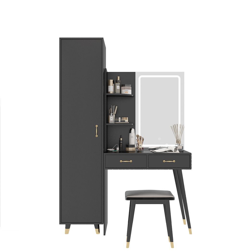 Larisa Makeup Vanity Table and Slim Armoire Set – Dressing Table with LED Mirror