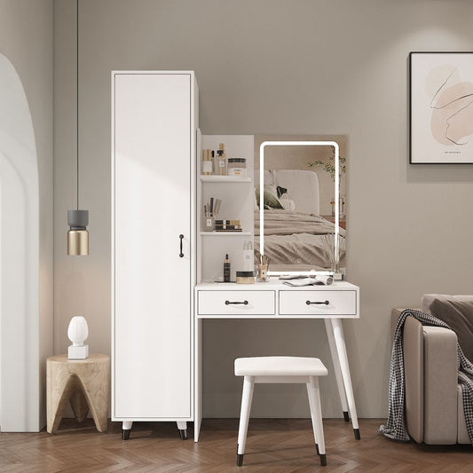 Makeup Vanity Table and Slim Armoire Set – White Dressing Table with LED Mirror, Power Outlets, 2 Drawers, Tall Wardrobe with Hanging Rod