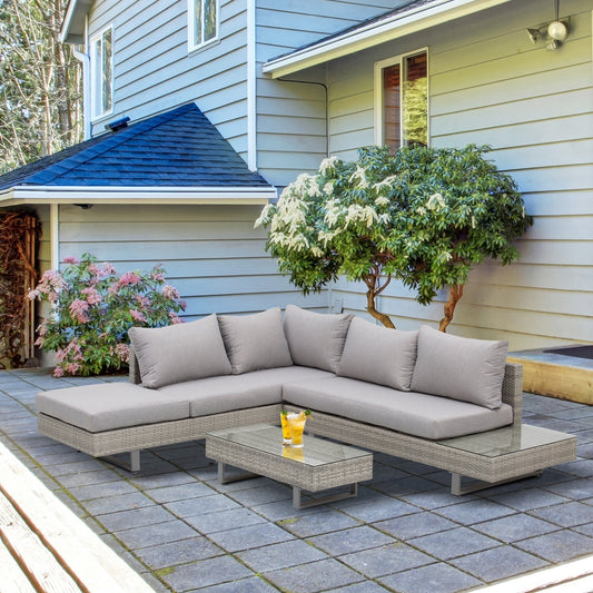 Gemma 3-Piece Rattan Lounge Set – Sofa, Cushioned Side Table, and Tea Table in Grey