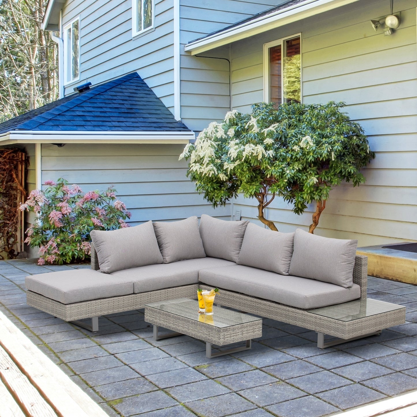 Gemma 3-Piece Rattan Lounge Set – Sofa, Cushioned Side Table, and Tea Table in Grey