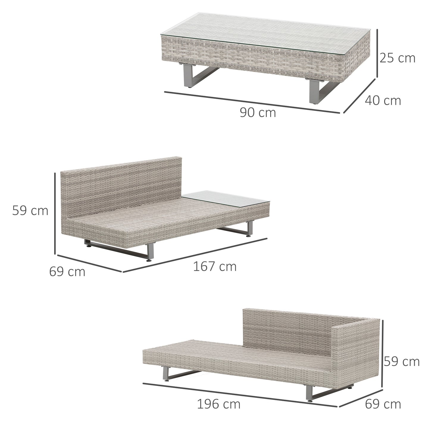 Gemma 3-Piece Rattan Lounge Set – Sofa, Cushioned Side Table, and Tea Table in Grey