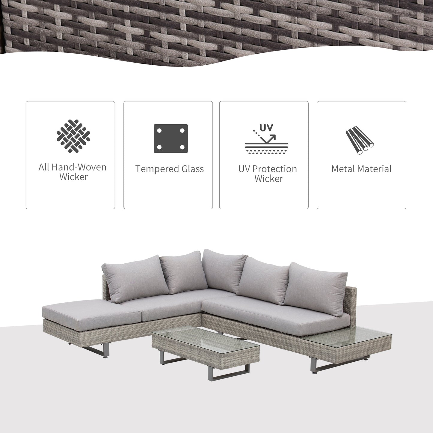 Gemma 3-Piece Rattan Lounge Set – Sofa, Cushioned Side Table, and Tea Table in Grey