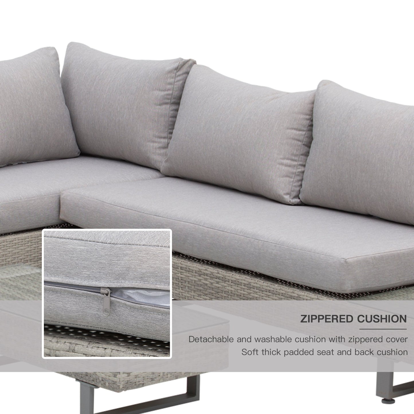 Gemma 3-Piece Rattan Lounge Set – Sofa, Cushioned Side Table, and Tea Table in Grey