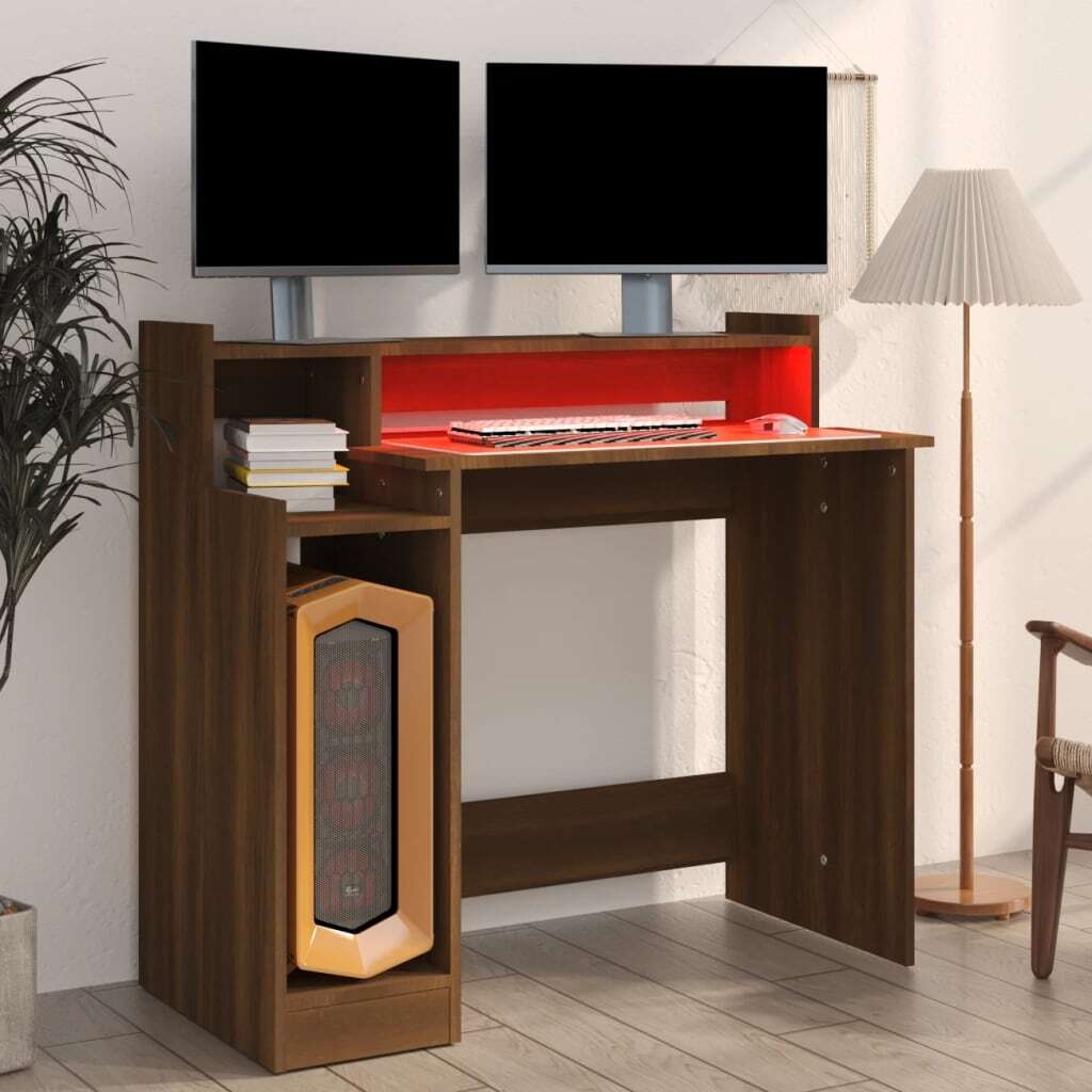 Brown Oak LED Desk – Smoked Oak Engineered Wood Workstation (97 x 90 x 45 cm
