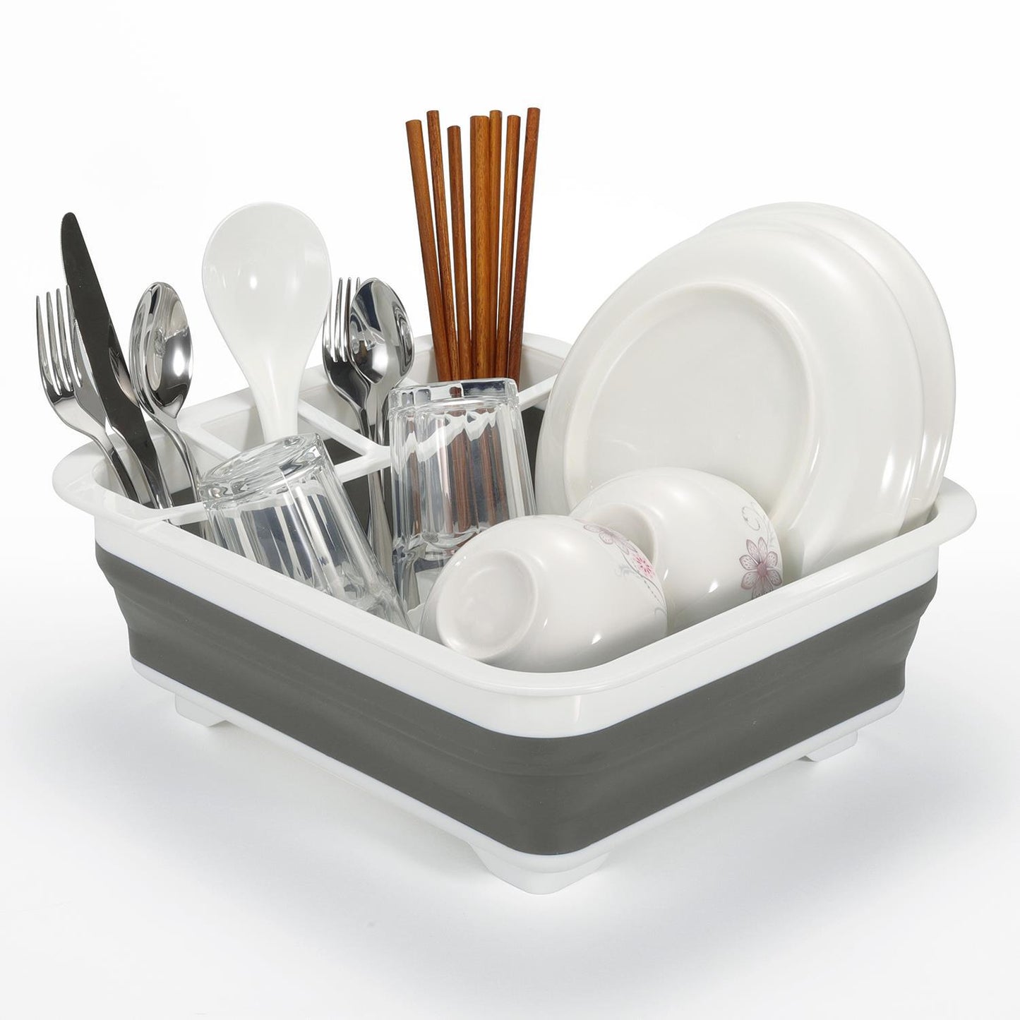 Mafett Collapsible Dish Drainer – Portable Folding Cutlery & Plate Holder, Non-Scratch Space Saver Drying Rack for Kitchen, Home, Camping, and Travel (White & Grey)