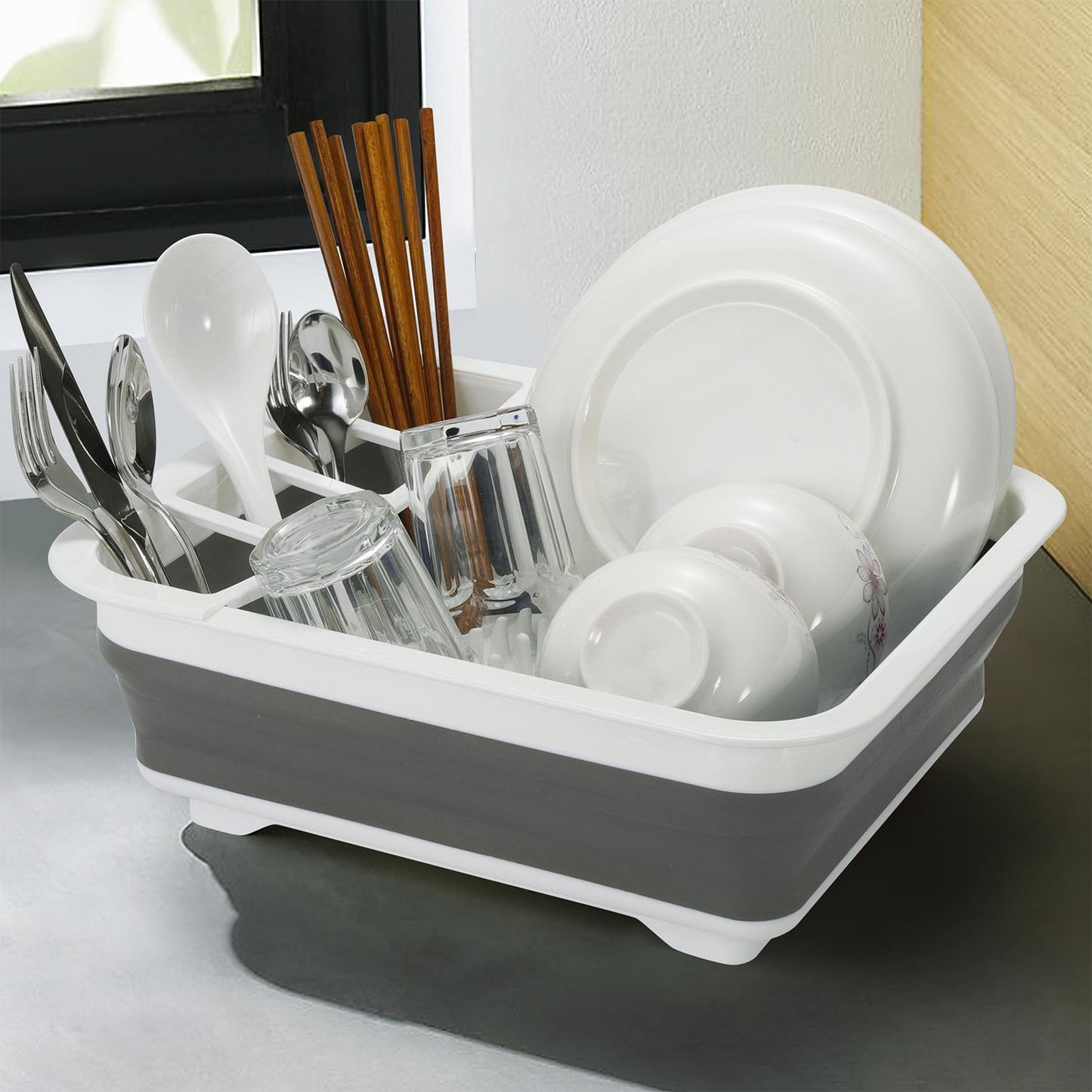 Mafett Collapsible Dish Drainer – Portable Folding Cutlery & Plate Holder, Non-Scratch Space Saver Drying Rack for Kitchen, Home, Camping, and Travel (White & Grey)