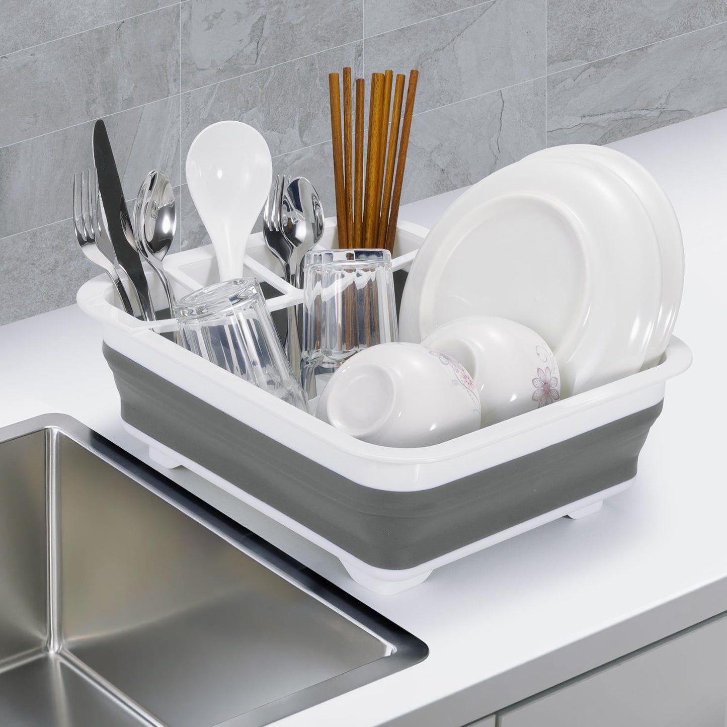 Mafett Collapsible Dish Drainer – Portable Folding Cutlery & Plate Holder, Non-Scratch Space Saver Drying Rack for Kitchen, Home, Camping, and Travel (White & Grey)