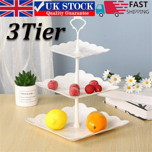 3Tier Cake Stand Afternoon Tea Wedding Party Plates Tableware Embossed Tray UK